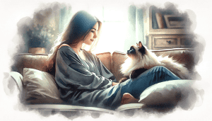 Cuddliest cat breeds —Woman sitting on a couch cuddling a fluffy Ragdoll cat, a highly affectionate and cuddly cat breed known for its gentle temperament and love of human companionship