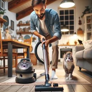 vacuuming the house to remove cat fur