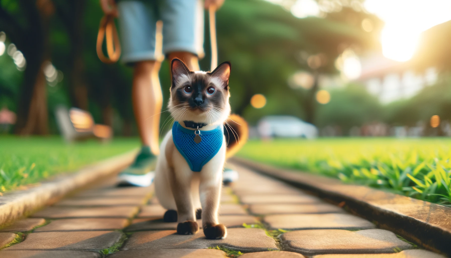 Siamese cat on leash