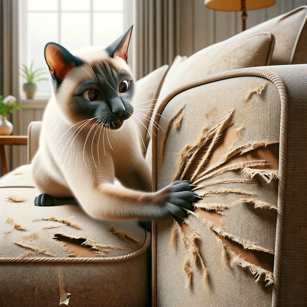 Siamese cat scratching Sofa