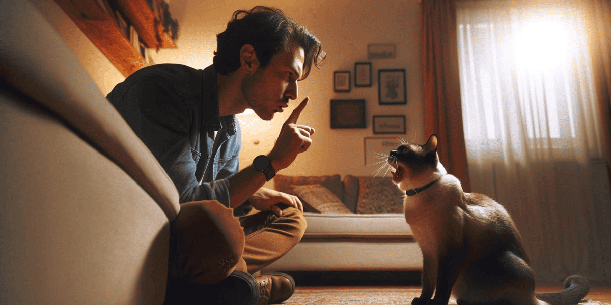 man training his Siamese cat