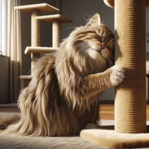 cat rubbing cat tree to mark territory