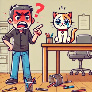 man yelling at cat after cat knock down pencil holder onto floor