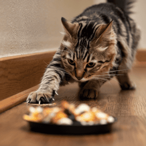 cat trying to cover its food