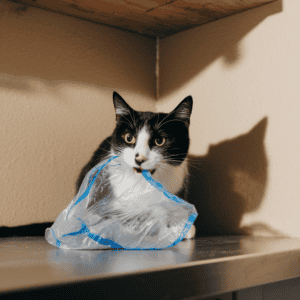 cat chewing on plastic bag
