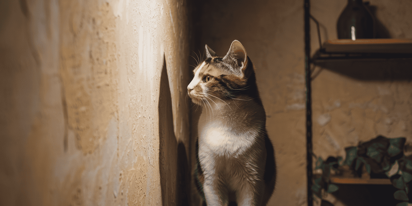 cat staring at the wall empty space