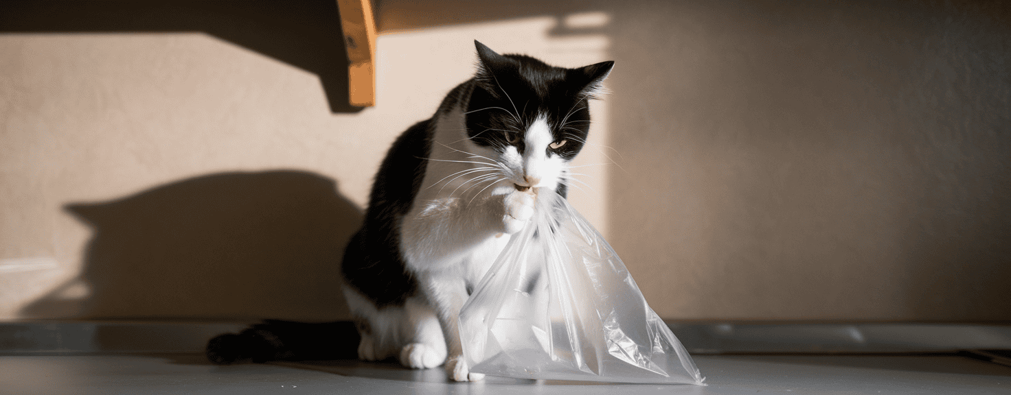 cat chewing on plastic
