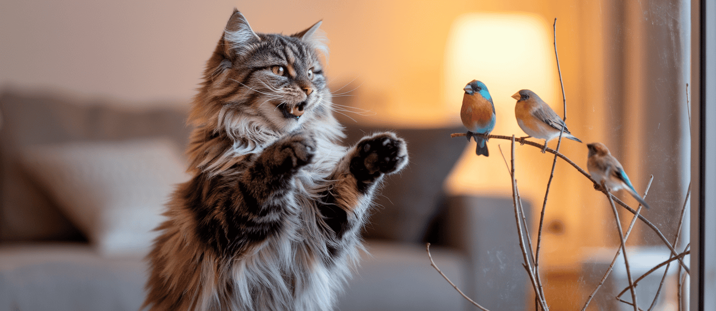 cat chirping and chattering on seeing birds outside