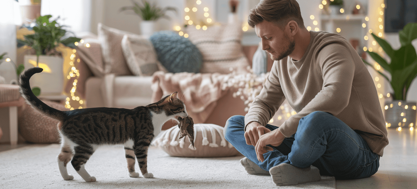 cat brings a dead mouse to owner