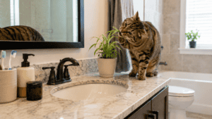 bathroom safety for cats - cats chewing on a potted plant in the bathroom