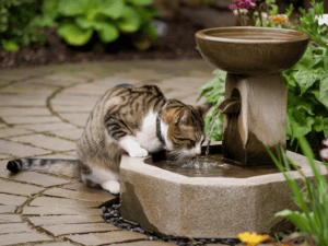 cat drinking from a water fountain