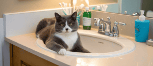 cat sitting in a bathroom basin