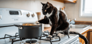 cat siiting on a stove counter in the kitchen