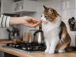 feeding cat on kitchen counter