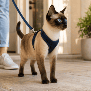 Siamese cat on leash