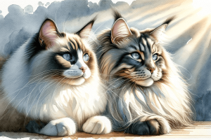 DALL·E 2023-12-23 22.02.40 – Craft an artistic watercolor painting that vividly portrays the distinct features of a Ragdoll cat and a Maine Coon. The Ragdoll, characterized by its Ragdoll cat Vs Maine Coon