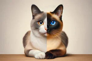 DALL·E 2024-02-24 04.57.40 – Create a unique image of a cat that is divided down the middle, where one half of the cat showcases the distinctive features of a Siamese cat, includi-Pho part Siamese cat