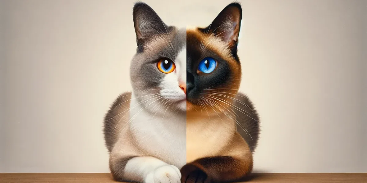 DALL·E 2024-02-24 04.57.40 – Create a unique image of a cat that is divided down the middle, where one half of the cat showcases the distinctive features of a Siamese cat, includi-Pho part Siamese cat