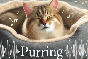 DALL·E 2024-07-29 22.02.07 – A photorealistic image of a cat lying in a big, cozy cat bed. The cat looks relaxed and content with closed eyes, a smile, and a gentle purr indicated cat purrs