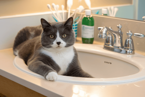 a-photo-of-a-gray-and-white-cat-with-gre_lidNTN7rSrysNqIk5_Io4Q_k4Fv_9nVTUOjwC9Jl_11yw cat sitting in a bathroom basin